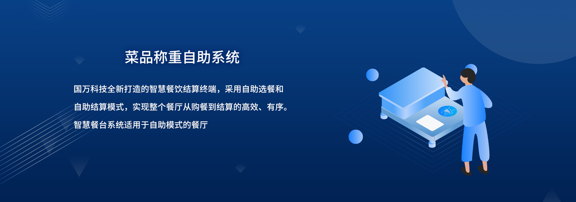 國(guó)萬(wàn)智慧食堂自助餐智能菜品稱(chēng)重系統(tǒng)來(lái)襲啦，就餐人員關(guān)注公眾號(hào)后進(jìn)行自助充值，取餐盤(pán)進(jìn)行信息綁定；取餐時(shí)自行夾菜，菜品稱(chēng)重機(jī)無(wú)感自動(dòng)稱(chēng)重，系統(tǒng)自動(dòng)結(jié)算。